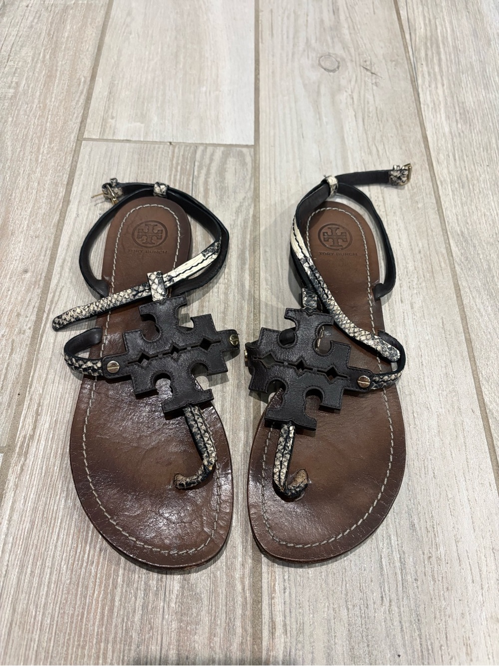 Tory Burch Brown Leather Sandals with Black Logo and Snake-Print Straps